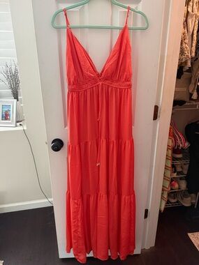 Aakaa Bright Coral Tiered Maxi Dress